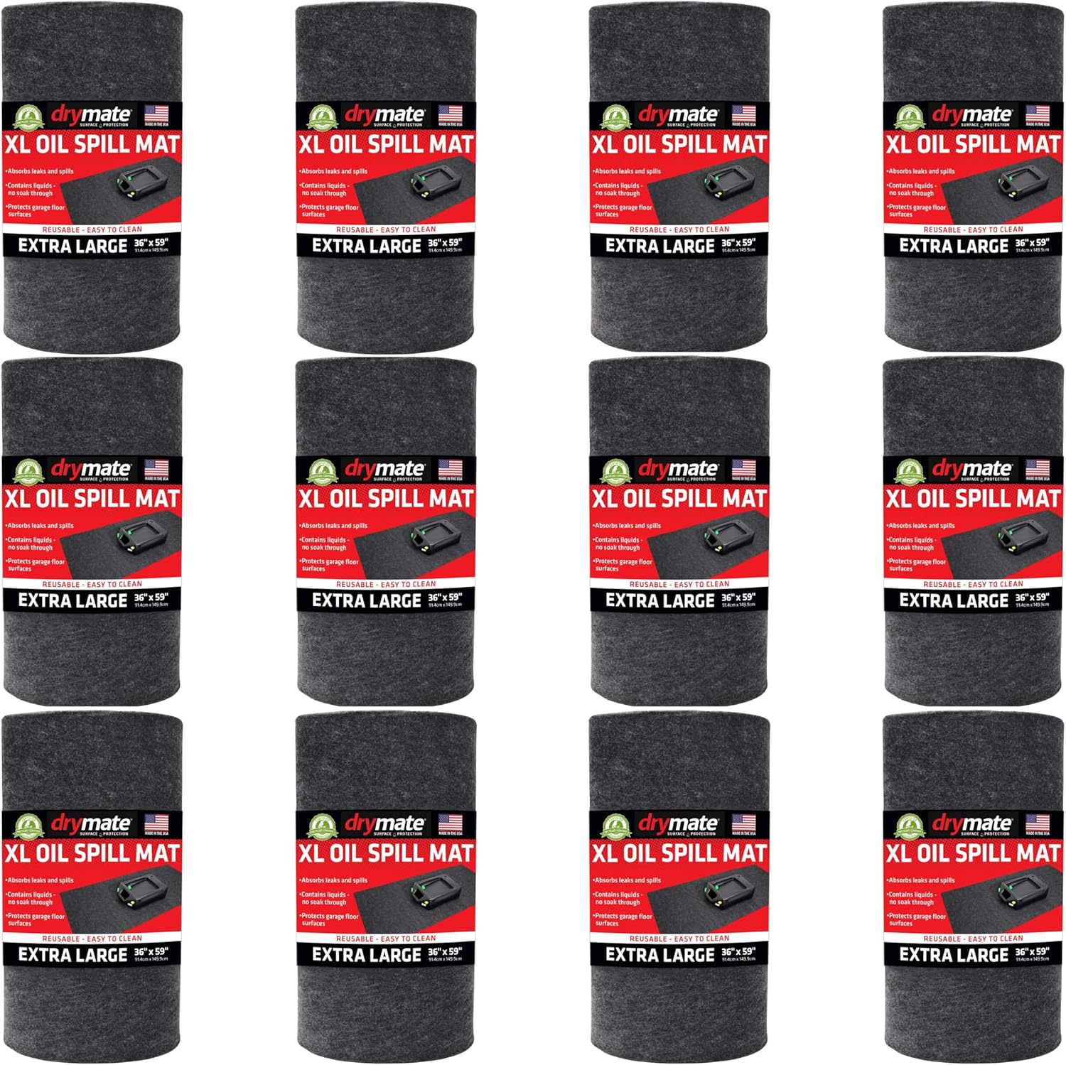 Drymate XL Oil Spill Mat (36" x 59") (12-Pack), Premium Absorbent Oil Pad, Reusable, Washable, Durable, Waterproof Backing Contains Liquids, Protects Garage Floor Surface (USA Made)