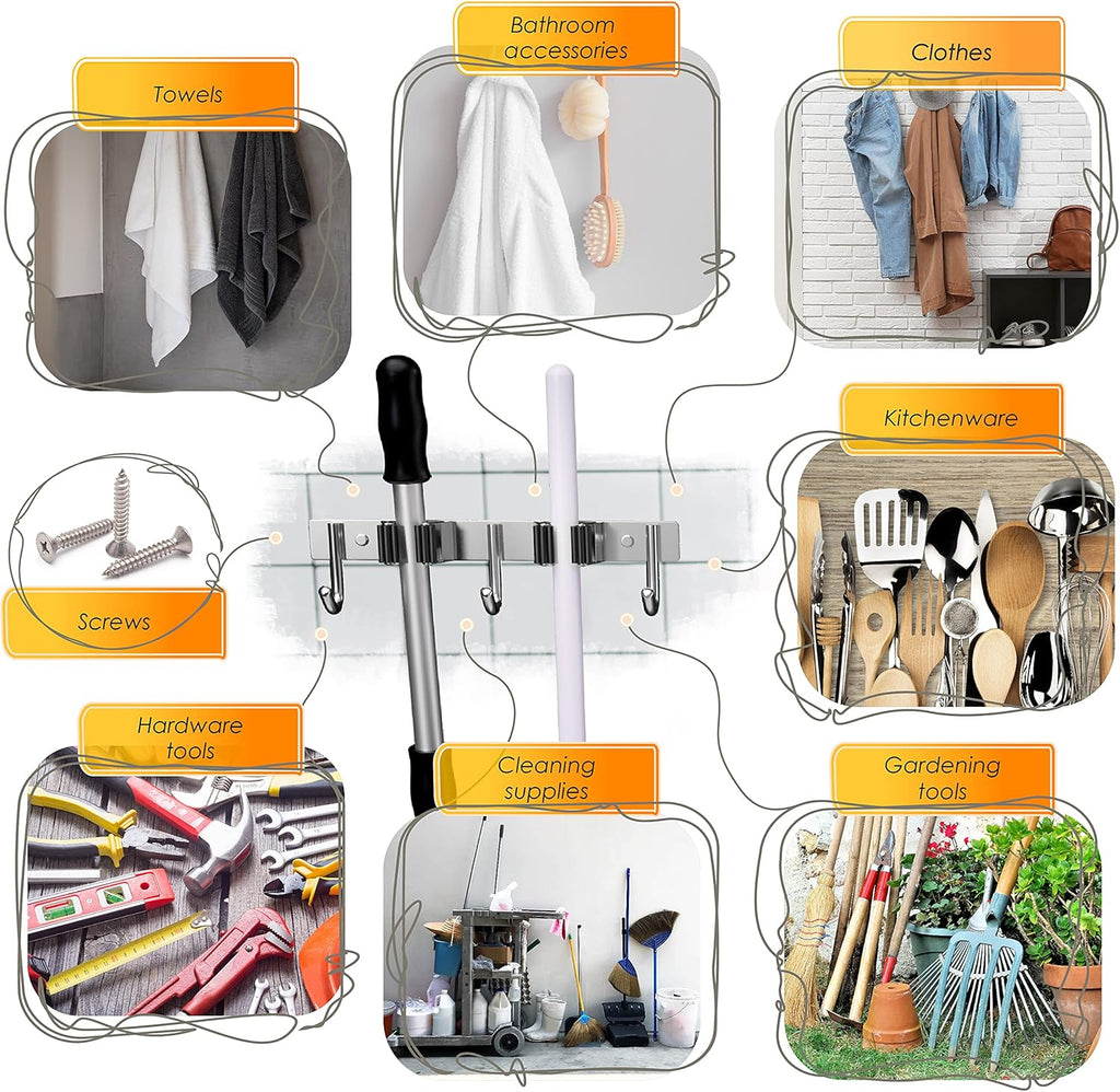 Heavy Duty Broom and Mop Holder Wall Mounted with 2 Rubber Grip Slots & 3 Utility Hooks – SUS304 Stainless Steel, Waterproof, Self Adhesive or Drill Mount, for Garage, Laundry, Kitchen & Closet Use