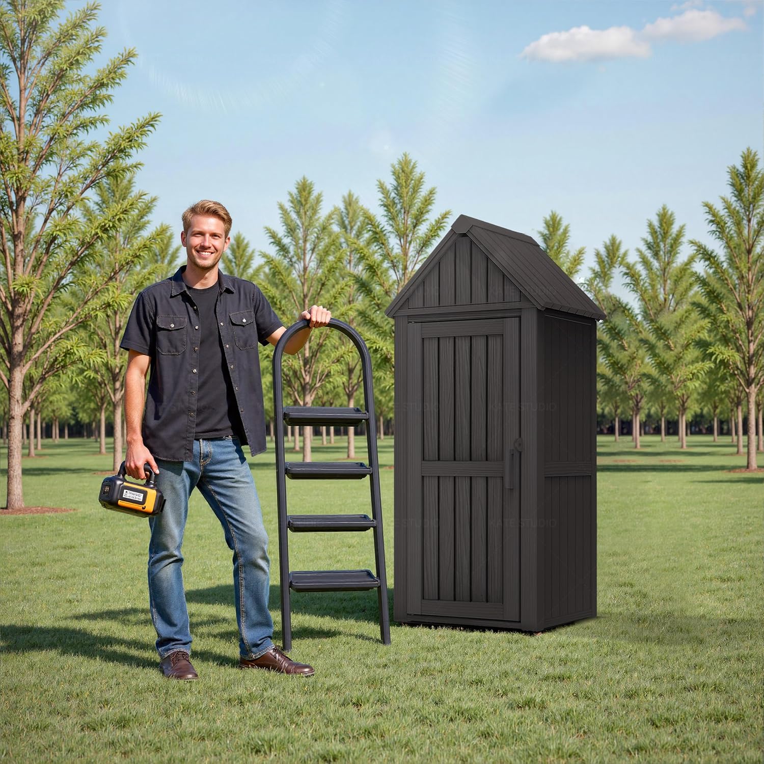 Storage Shed Outdoor Lockable,Waterproof Resin Garden Tool Shed, Heavy-Duty Weather-Resistant Cabinet for Patio, Backyard, or Garage (Black)