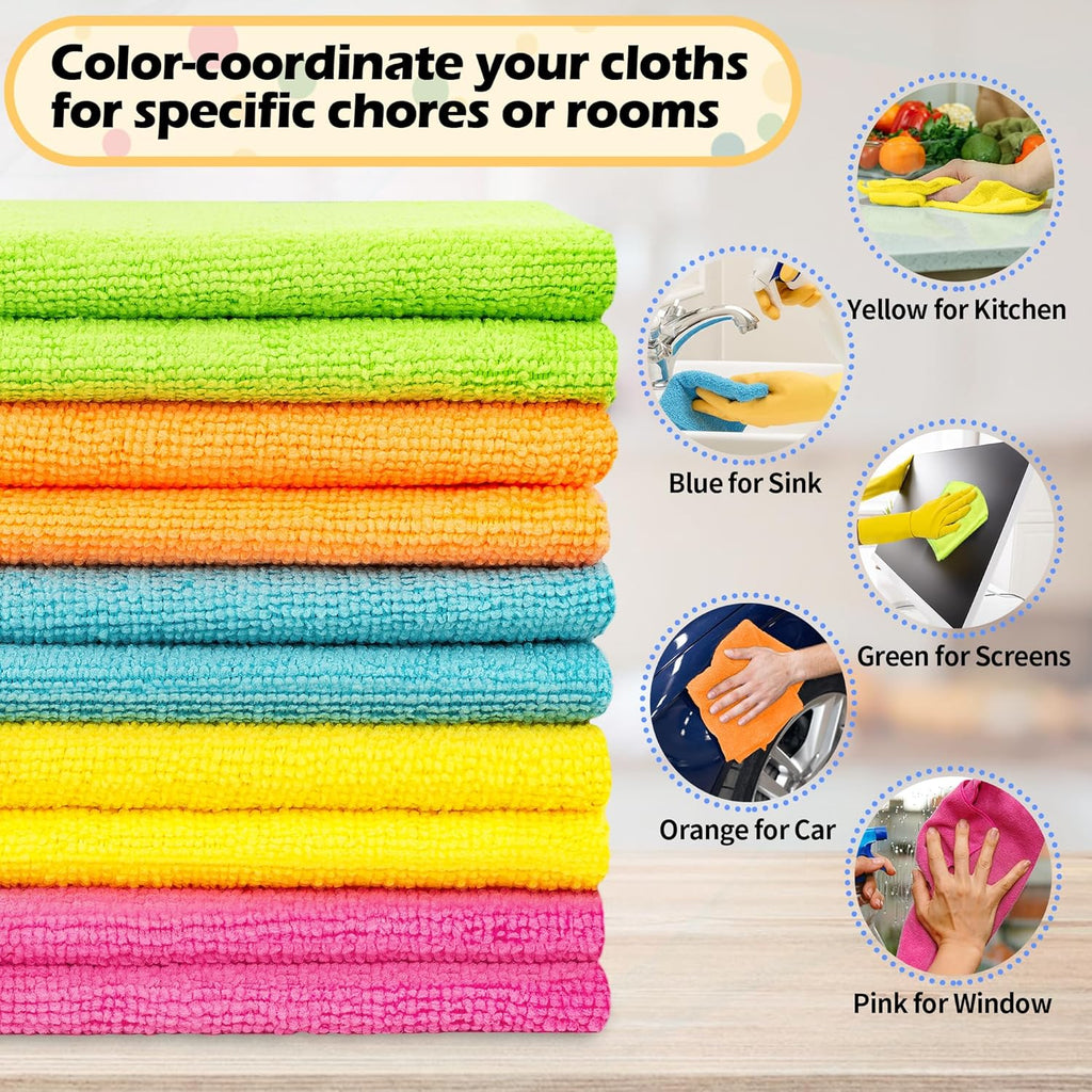 FIXSMITH Microfiber Cleaning Cloth, 20 Pack Cleaning Rags, Cleaning Towels for Housekeeping, Kitchen, Car, Lint-Free, Reusable Shop Towels with 5 Colors (Green/Blue/Yellow/Orange/Pink), 12"X12"