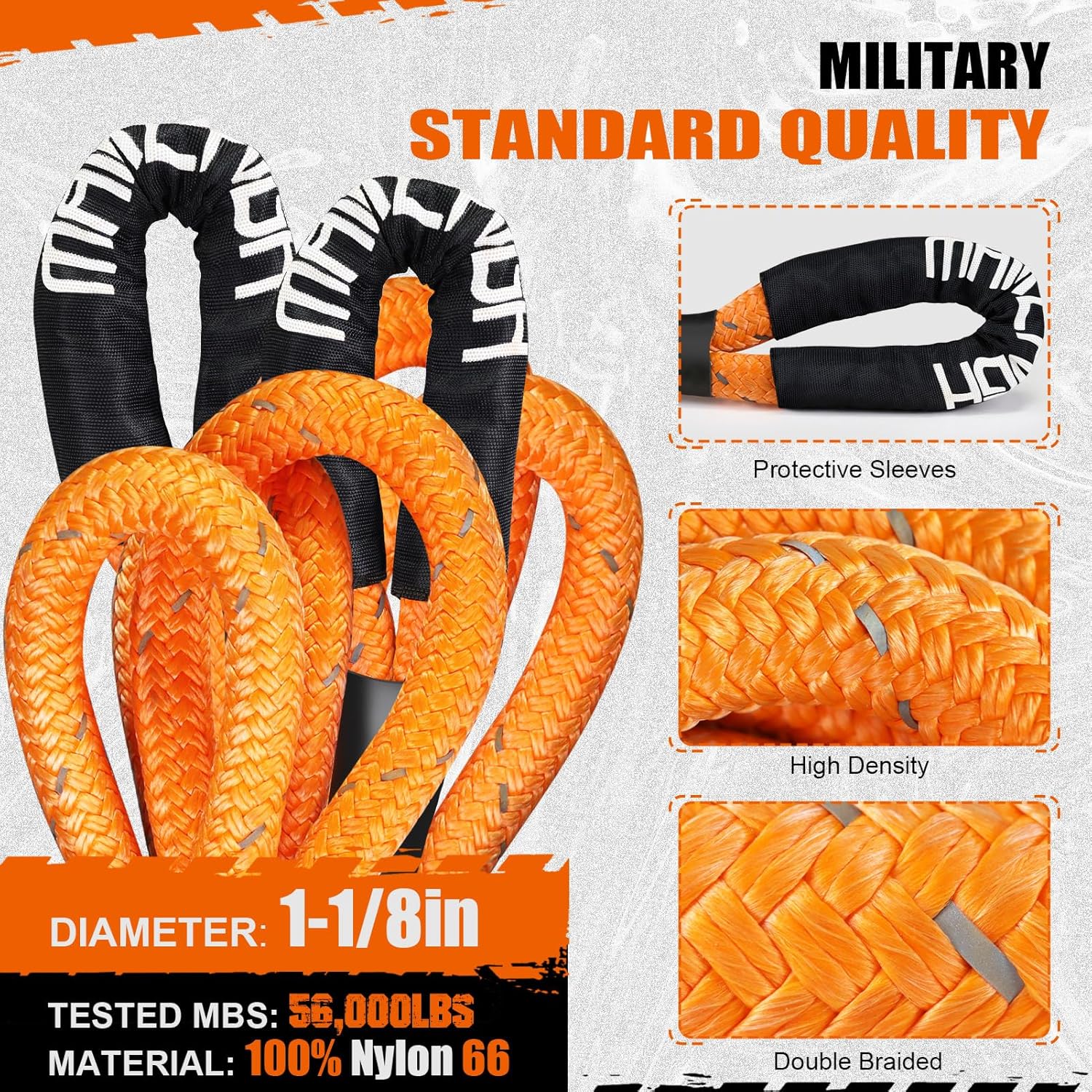 MAIKEHIGH 1-1/8" x 30ft Kinetic Recovery Rope, 56,000LBS Heavy Duty Offroad Recovery Strap (Reflective), 30+% Elasticity Vehicle Tow Rope for Trucks 4WD Pickup Tractor Car SUV ATV UTV