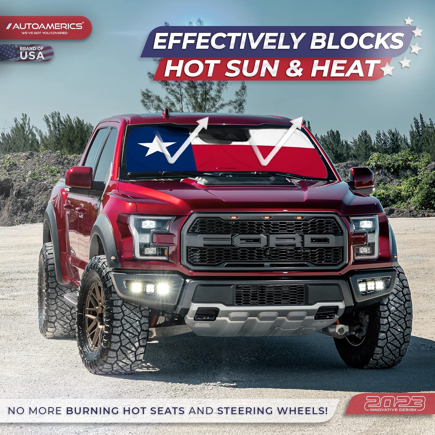 Autoamerics Truck Windshield Sun Shade with Storage Pouch & Anti-Slip Dash Pad - Foldable USA Texas Flag Design - Fits Most SUVs & Truck - Blocks UV Rays and Keeps Vehicle Cool | X-Large (66x 36 in)