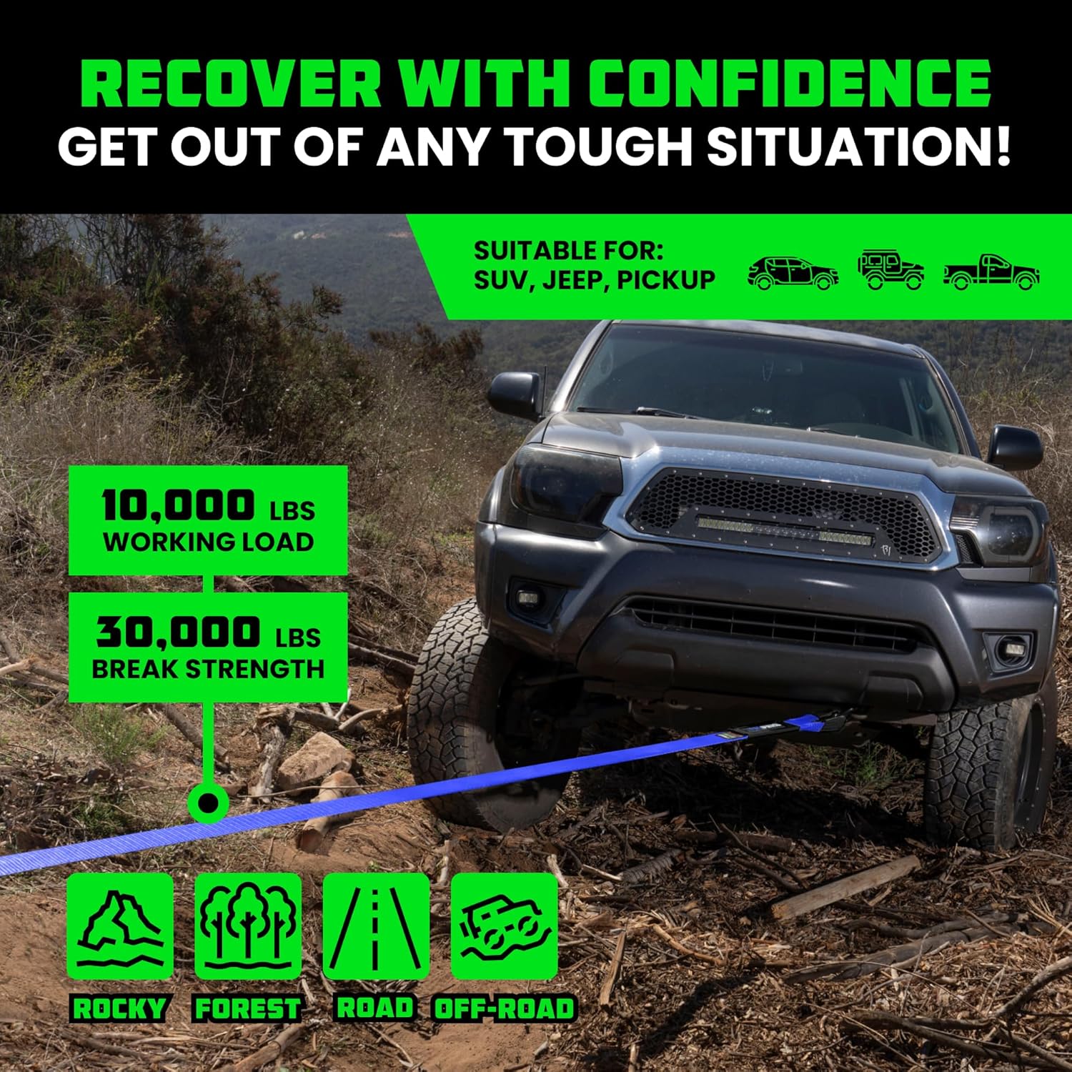 Rhino USA Recovery Tow Strap (3"x20') - 31,518lb Break Strength- Emergency Recovery Strap Tow Rope for Truck, UTV, ATV & More - Heavy Duty Towing Strap for Offroad 4x4 Use- Compatible with Jeep (Blue)