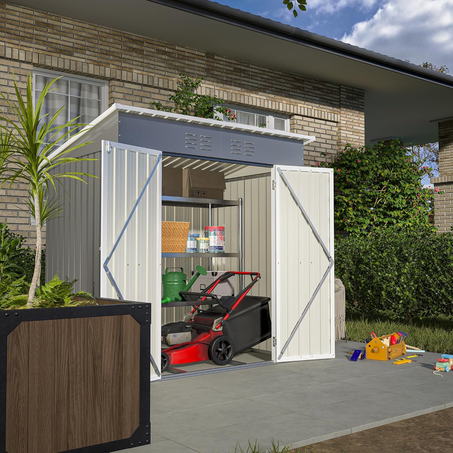 6 x 4 FT Outdoor Storage Metal Shed, Bike Garden Tool Shed with Slooping Roof, Lockable Doors and Aluminum Frames, Shed Easy to Assemble for Garden, Patio, Lawn, Grey