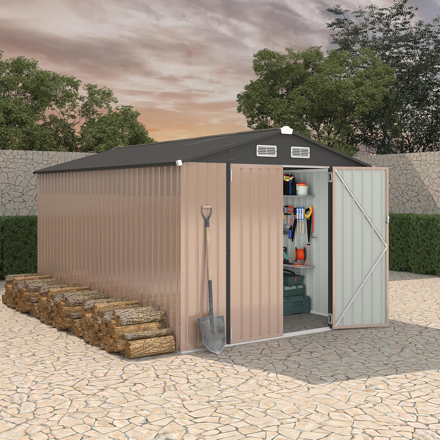 8x12x6.4 FT Outdoor Storage Sheds, Metal Garden Tool Shed for Backyard, Large Metal Sheds Outdoor Storage With Lockable Doors & Air Vents for Backyard Garden Patio Lawn