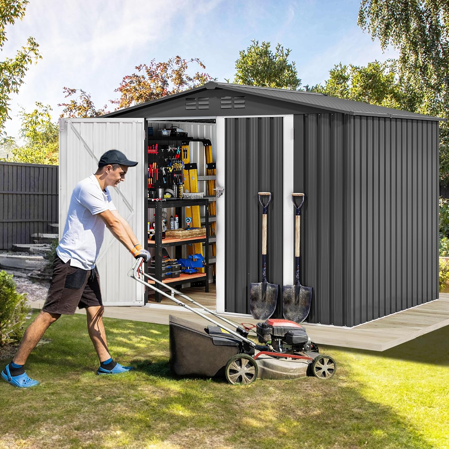 DWVO 8'x6' Large Metal Outdoor Storage Shed, Heavy Duty Tool Storage Sheds for Backyard Patio Lawn - Ideal for Bicycles, Garden Tools, and Lawn Equipment, Easy-to-Assemble, Dark Gray
