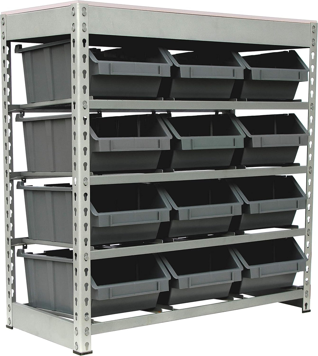 King's Rack Bin Rack Boltless Steel Storage System Organizer w/ 12 Plastic Bins in 4 Tiers
