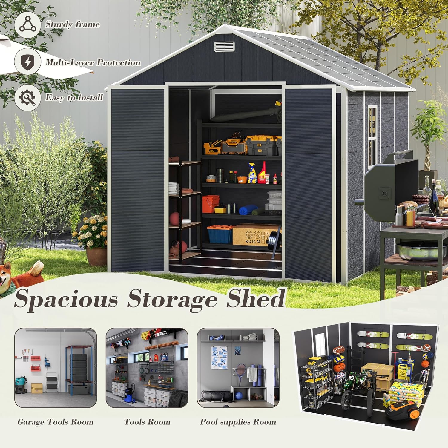 MyVoice 8x8 FT Outdoor Resin Storage Shed with HD Window, Rustproof Waterproof Garden Tool Shed, 12mm Thickened PP Panels, Large Capacity Outdoor Utility House for Backyard Patio (with Floor)