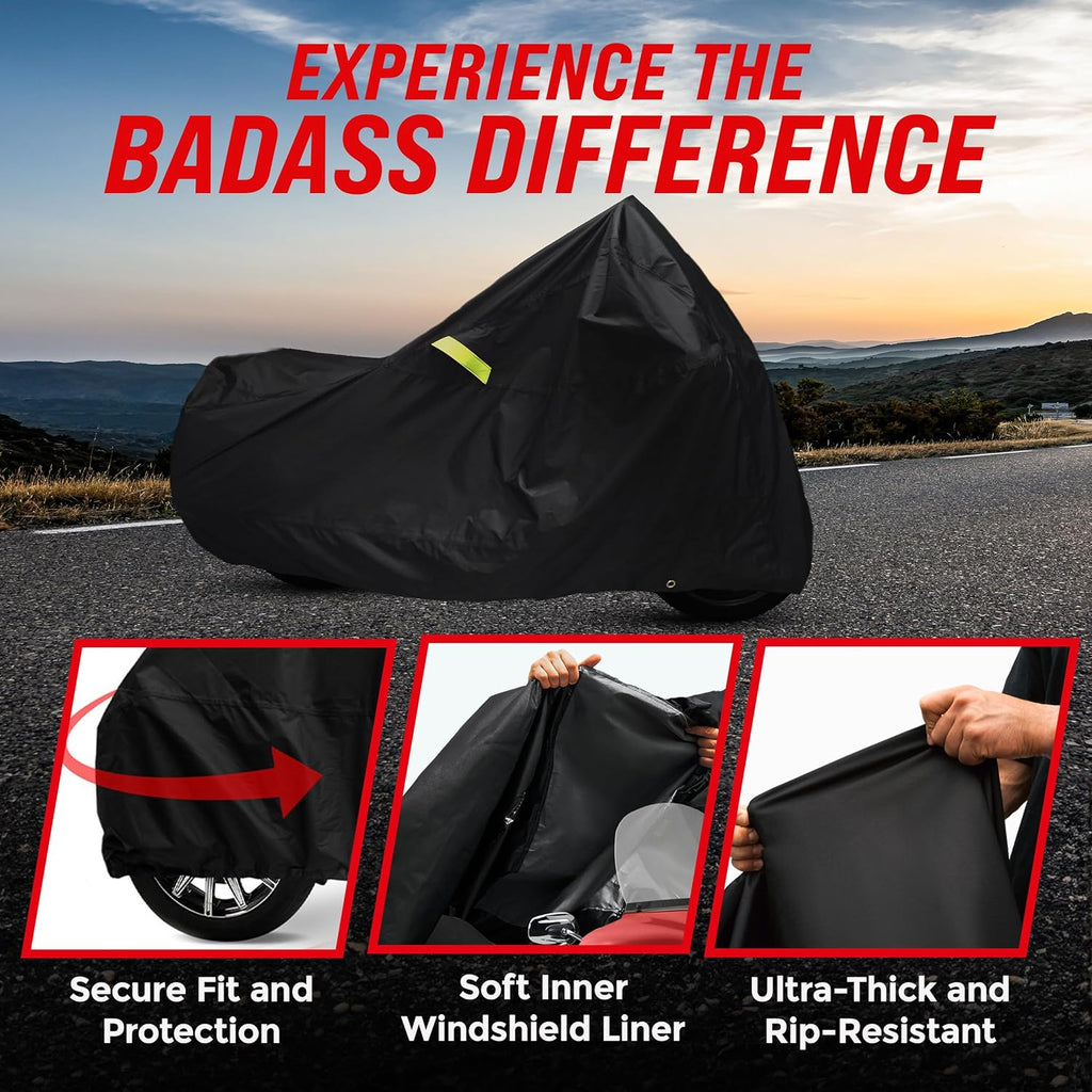 Badass Moto Ultimate Motorcycle Cover Waterproof Outdoor Heavy Duty Fits Harley Davidson Sportster Cover Durable Rain Sun Weather Shelter For Triumph, Fat Bob, Indian Scout, Sport Bike, Medium Cruiser