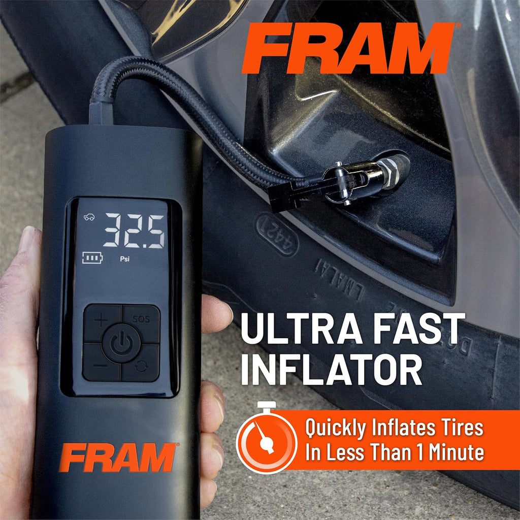 FRAM FEK40002 Portable Emergency Tire Inflator with 6000mAh Battery and 12V, 150PSI Air Pump for Car, Bike, Motor, Ball with Digital Tire Pressure Gauge with LED Light