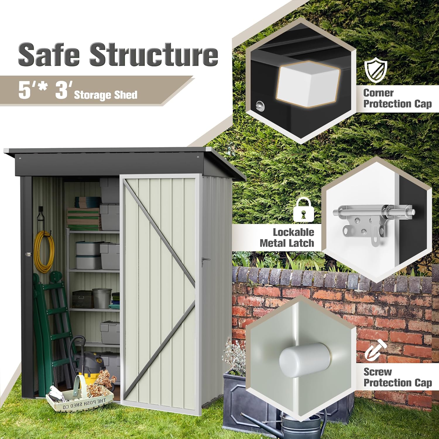 JUMMICO Metal Outdoor Storage Shed 5 x 3 FT Metal Shed with Lockable Door,Waterproof Garden Tool Shed Storage House for Backyard Patio Lawn,White