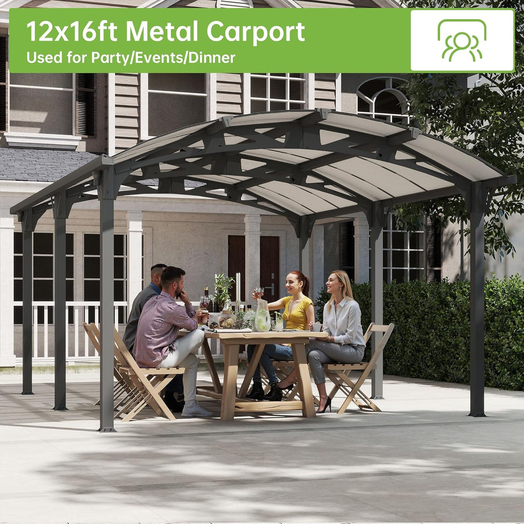 Real Relax 12x16ft Heavy Duty Metal Carport, Arch-Roof Polycarbonate Roof Panels Canopy, Outdoor Garage Car Tent Shelter for Boats and Truck,Gray