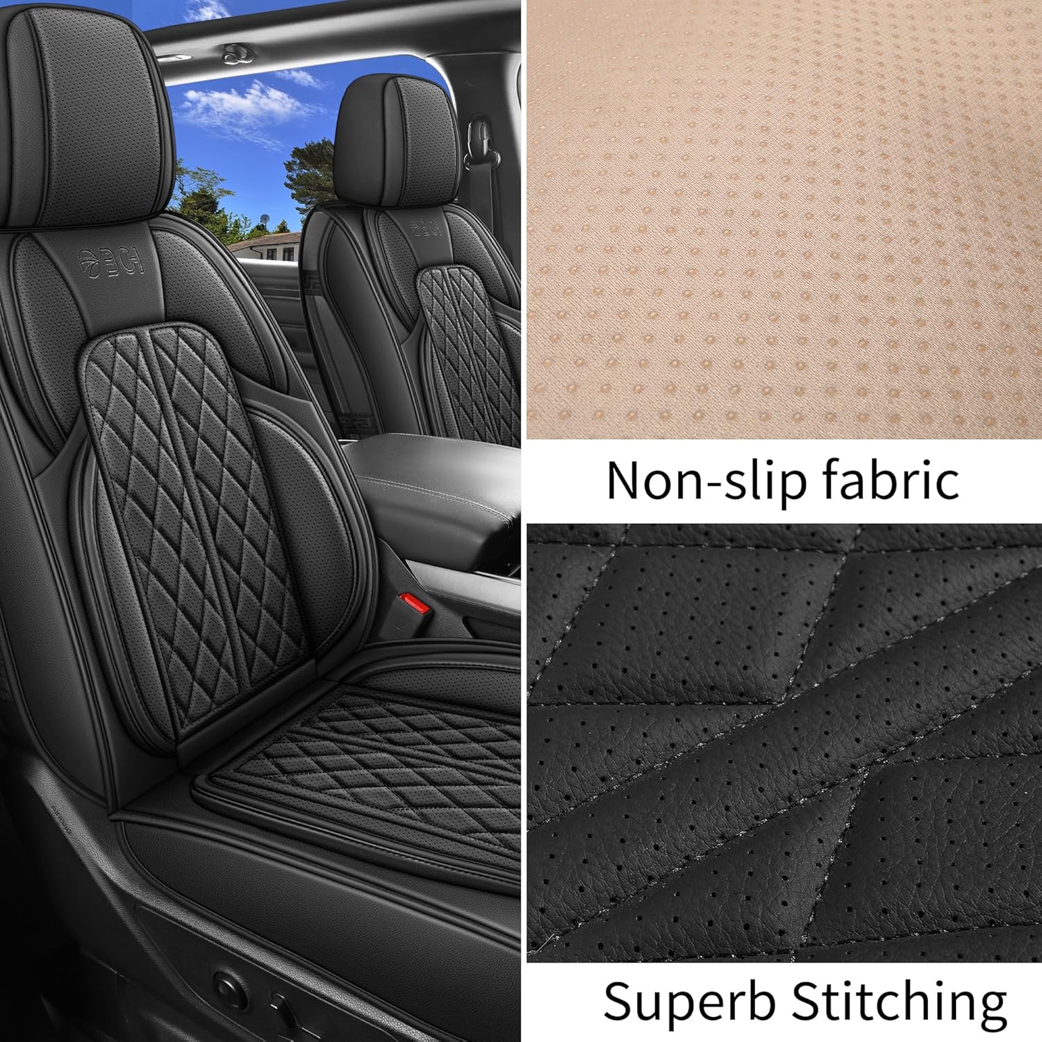Car Seat Cover Custom Fit for Dodge Ram 1500 2500 3500 2002-2024 Faux Leather Seat Cover Set Compatible with Crew Quad Regular Cab Pickup Truck Cushions (Black, Full Set, Curved Rear)