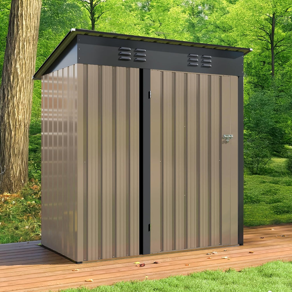 WKM 5x3 FT Outdoor Storage Shed, Utility Metal Tool Storage with Lockable Doors and Updated Frame Structure, Large Metal Garden Shed for Backyard, Patio Lawn,Brown