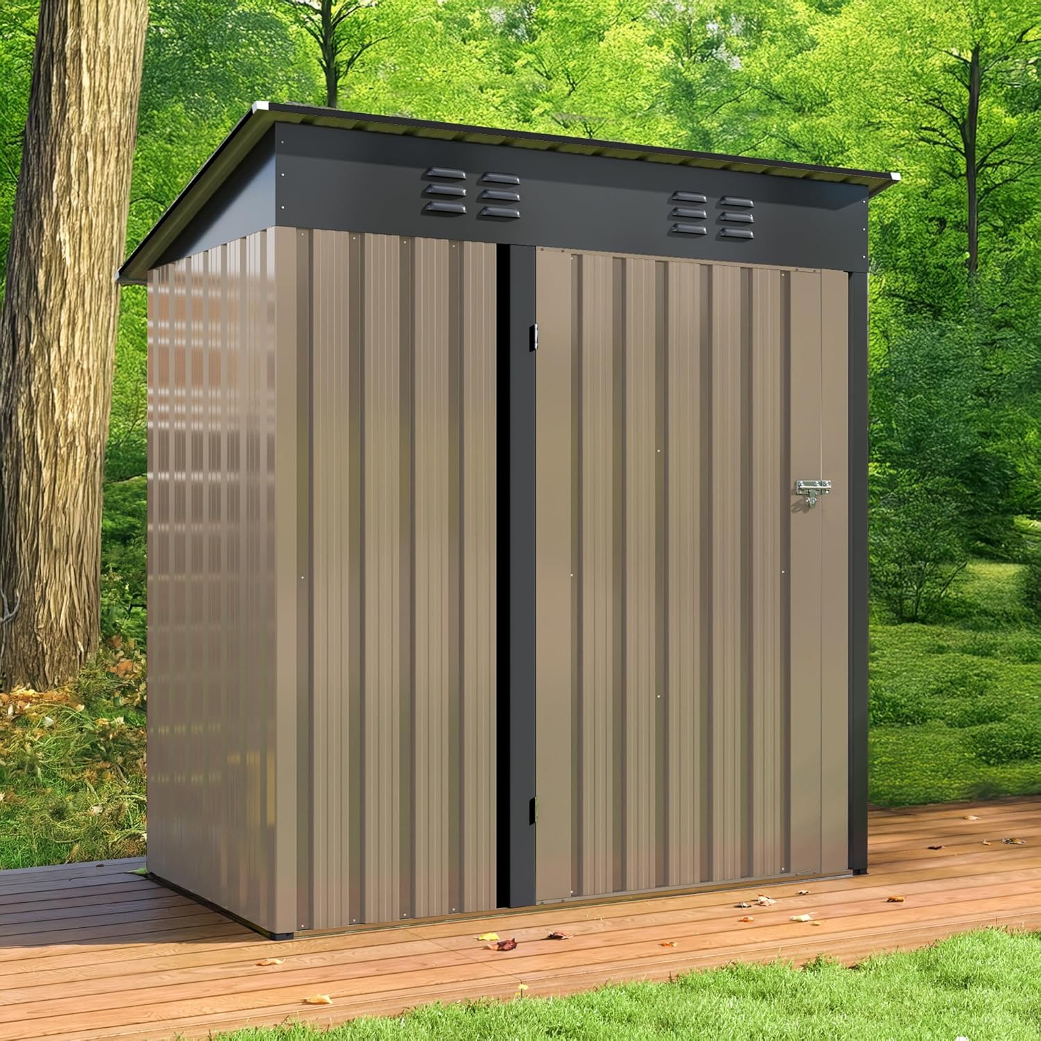 WKM 5x3 FT Outdoor Storage Shed, Utility Metal Tool Storage with Lockable Doors and Updated Frame Structure, Large Metal Garden Shed for Backyard, Patio Lawn,Brown