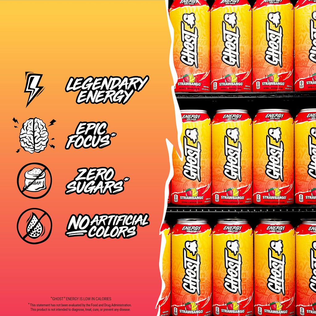 GHOST Energy Drink - 12-Pack, Strawbango, 16oz - Energy & Focus & No Artificial Colors - 200mg of Natural Caffeine, L-Carnitine & Taurine - Gluten-Free & Vegan
