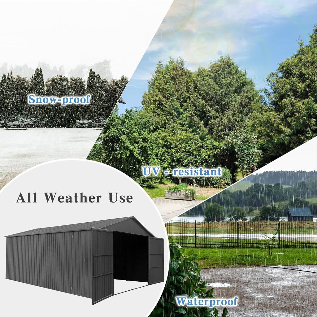 Domi 12x15FT Outdoor Metal Garage Shed, Extra Large Carport with Skylights & Dual-Entry, Backyard Storage Shed for Car, Truck, Lawn Mower and Tool, Dark Grey