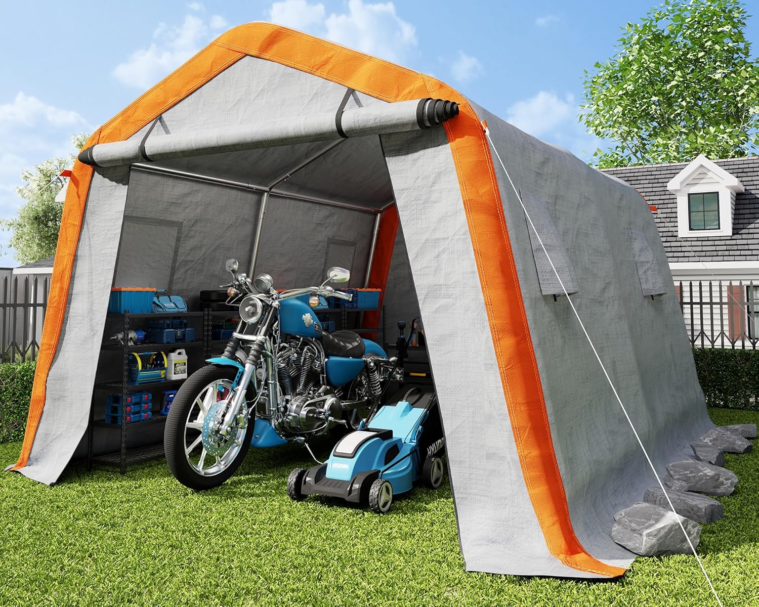 AMERLIFE 10.5x12x8 FT Heavy Duty Portable Shed Storage Shelter, Outdoor Storage Shed with 4 Waterproof Windows & Roll-up Zipper Door, Carport for Motorcycle, Bike, Grey