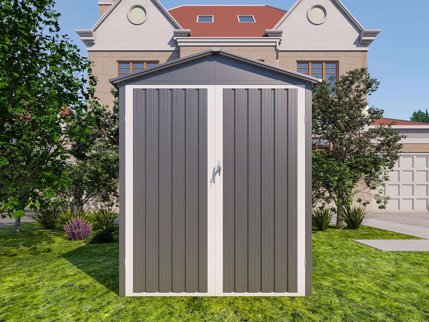 Motorcycle Steel Storage Shed with Window,Outdoor Weather-Resistant Storage Box for Bikes, Tools, Sports Equipment,Easy Assembly, No Tracks or Fixtures Needed, 121" W Gray+White