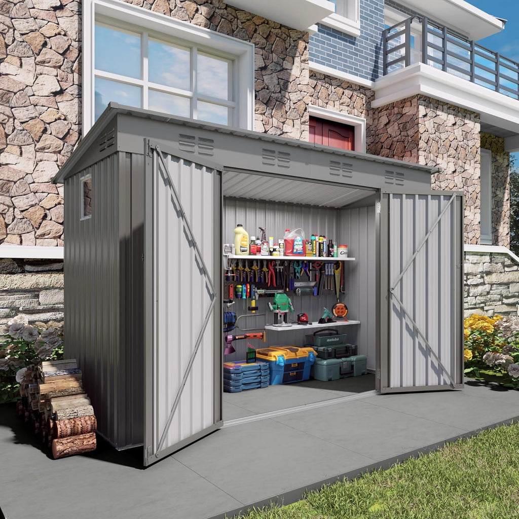 4x9 FT Lean to Shed with Window, Metal Sheds & Outdoor Storage with 6 Vents and 2 Swing Doors, Outdoor Storage Shed Waterproof for Backyard, Garden, Patio, Gray