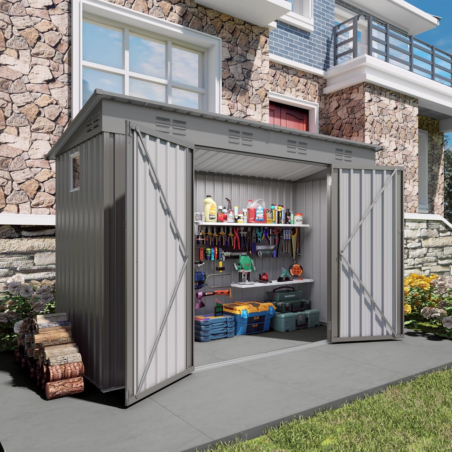 4x9 FT Lean to Shed with Window, Metal Sheds & Outdoor Storage with 6 Vents and 2 Swing Doors, Outdoor Storage Shed Waterproof for Backyard, Garden, Patio, Gray