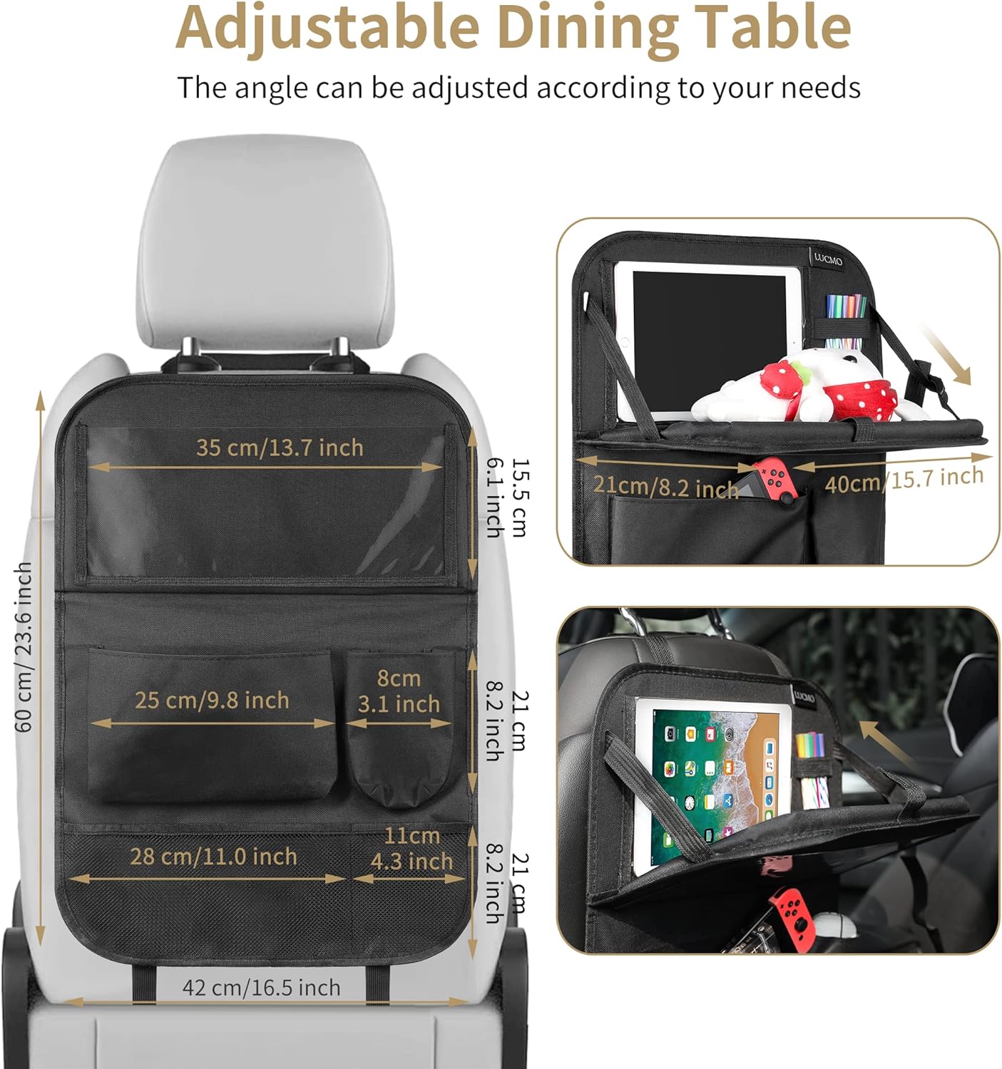 LUCMO Car Backseat Organizer with Tablet Holder,6 Storage Pockets Car Storage Organizer with Foldable Food Tray,Protectors Kick Mats Travel Accessories-Black