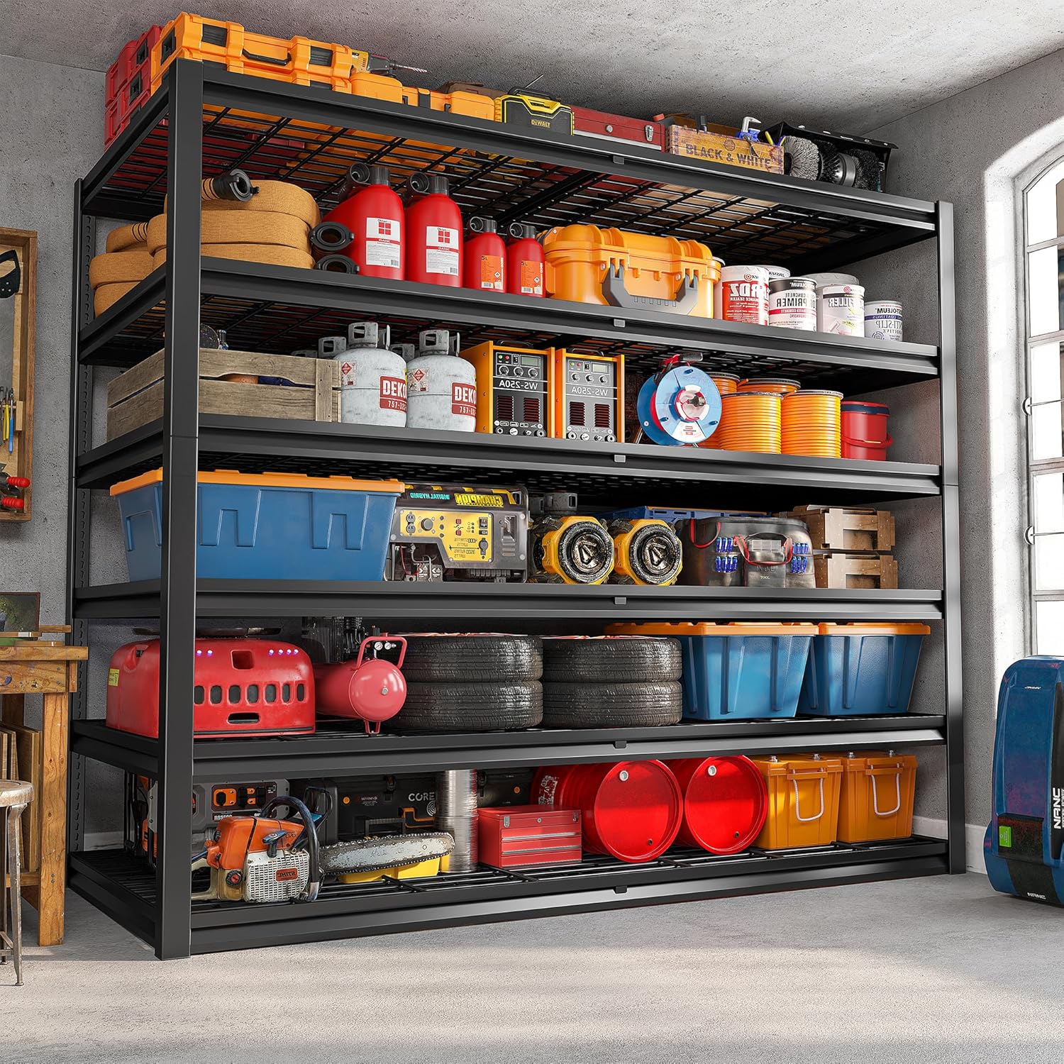 REIBII 3500LBS Garage Shelving, Adjustable Storage Shelves Heavy Duty, 6 Tier Heavy Duty Shelving, Metal Shelving Unit for Warehouse, Basement, Industrial, 55" W x 26" D x 84" H, Black, 4 Pack