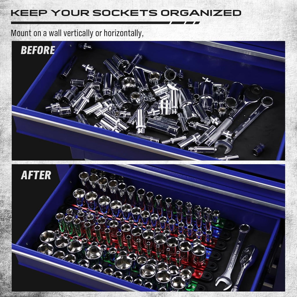 Magnetic Socket Holder Organizer Set: 9-Piece Detachable 1/4, 3/8, 1/2 Socket Trays Socket Organizer for Tool Box Drawer Holds 120-Piece Standard Size Sockets for Automotive Garage(Blue Red Green)