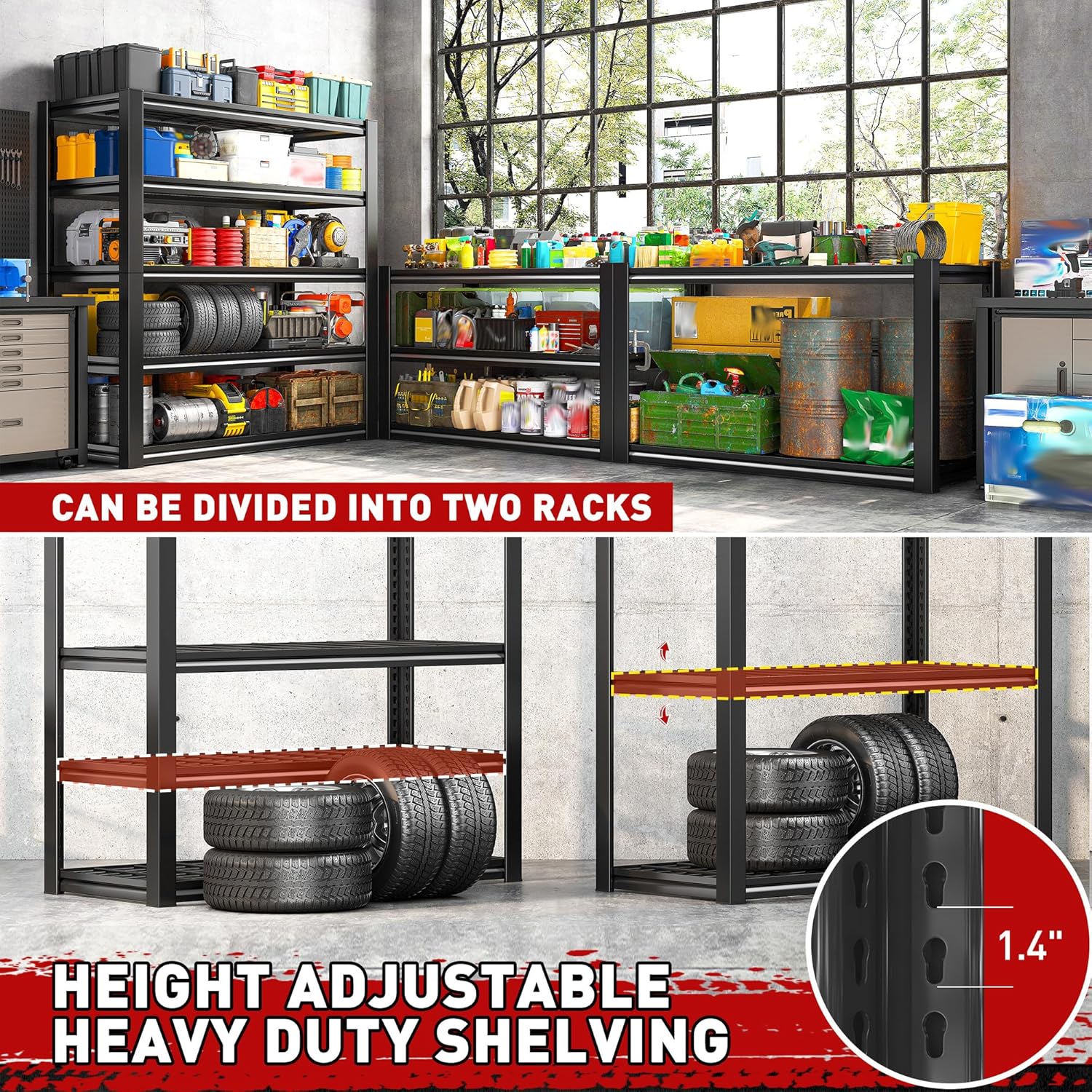 REIBII Garage Shelving 3000LBS, Heavy Duty Storage Shelves, Adjustable Industrial Metal Shelving Unit for Garage, Basement, Pantry, Warehouse,Commercial, 36" W x 16" D x 72" H, 3 Pack