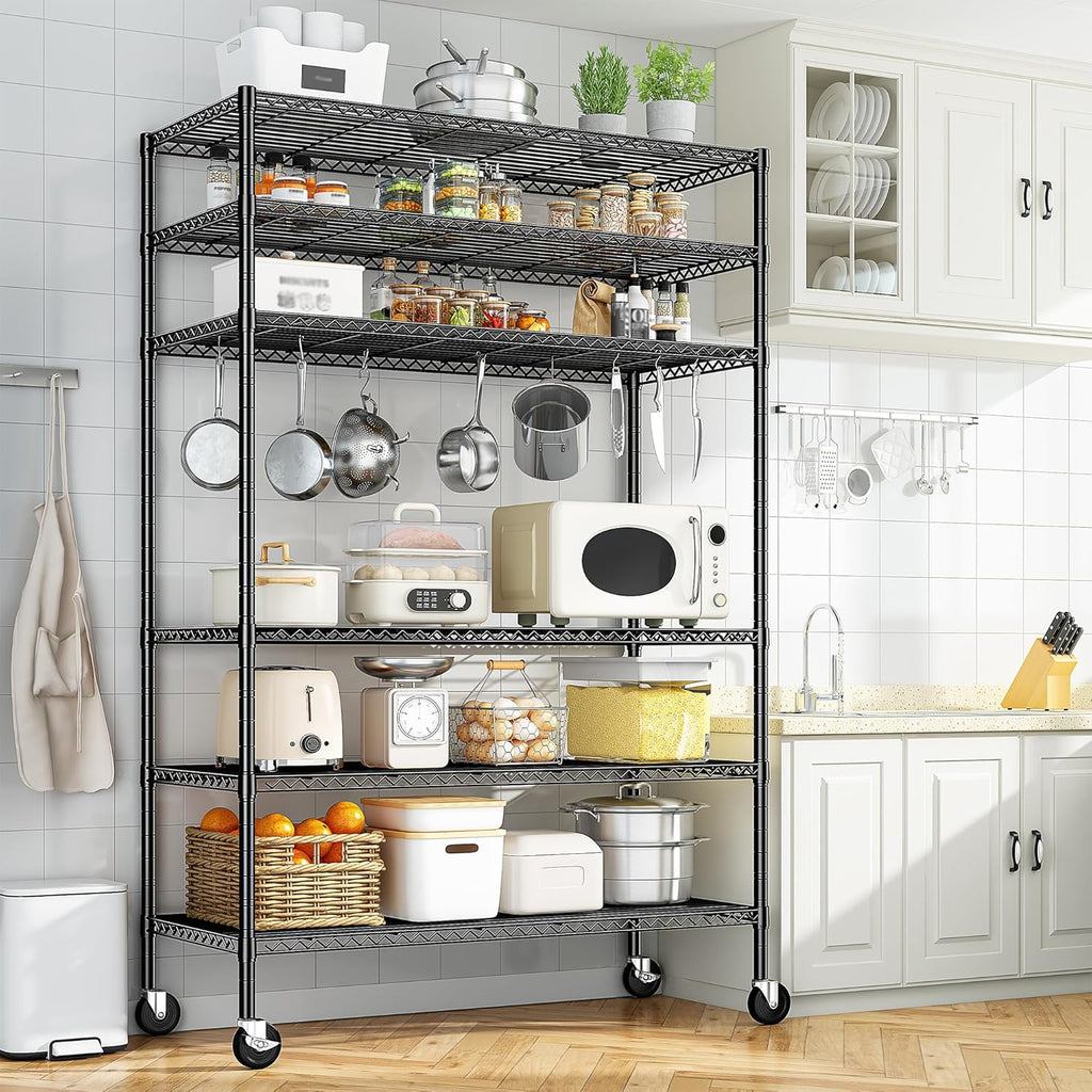 82" H X45 W X18 D Storage Shelves with Wheels, 6 Tier Wire Shelving Adjustable Metal Shelving Pantry Shelves Capacity 1200LBS for Garage Shelving, Pantry, Kitchen, Closet, Black