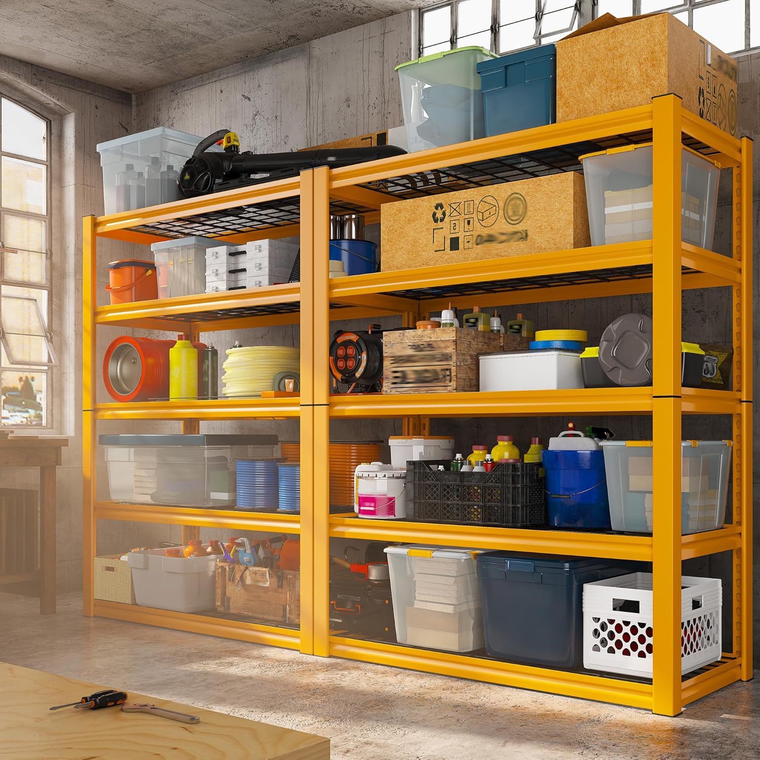 REIBII Storage Shelves 40''W Garage Shelving Heavy Duty Metal Shelving 2000LBS Metal Shelves 5 Tier Industrial Shelf for Pantry Kitchen Basement 72" H x 40''W x 17.8''D Yellow, 2 Pack