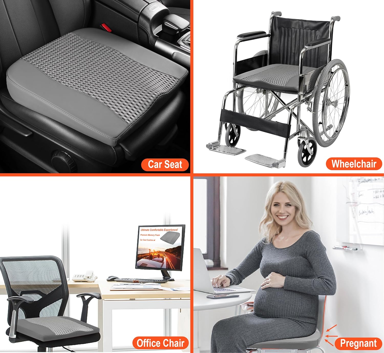 Car Seat Cushion, Comfort Memory Foam Car Cushions for Driving - Sciatica & Lower Back Pain Relief, Driver Seat Pillow for Auto, Office Chair, Wheelchair - 4D Mesh Dark Grey