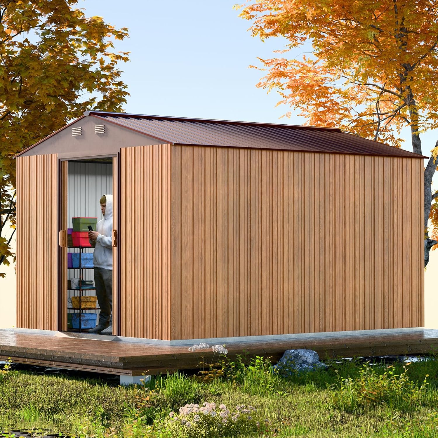 Metal Shed 8x10 FT - Steel Tool Storage with Sliding Door & Vents - Outdoor Bike Sheds for Garden, Backyard, Patio - Utility Storage Solution