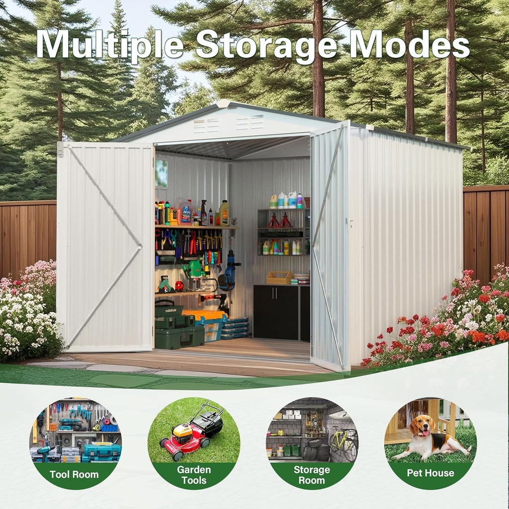 ARMSET 8x6 FT Metal Outdoor Storage Shed for Backyard, Patio, and Garden - Heavy Duty Tool Shed with Lockable Door & Side Window, Waterproof Galvanized Steel Storage Building for Bike and Tool Storage