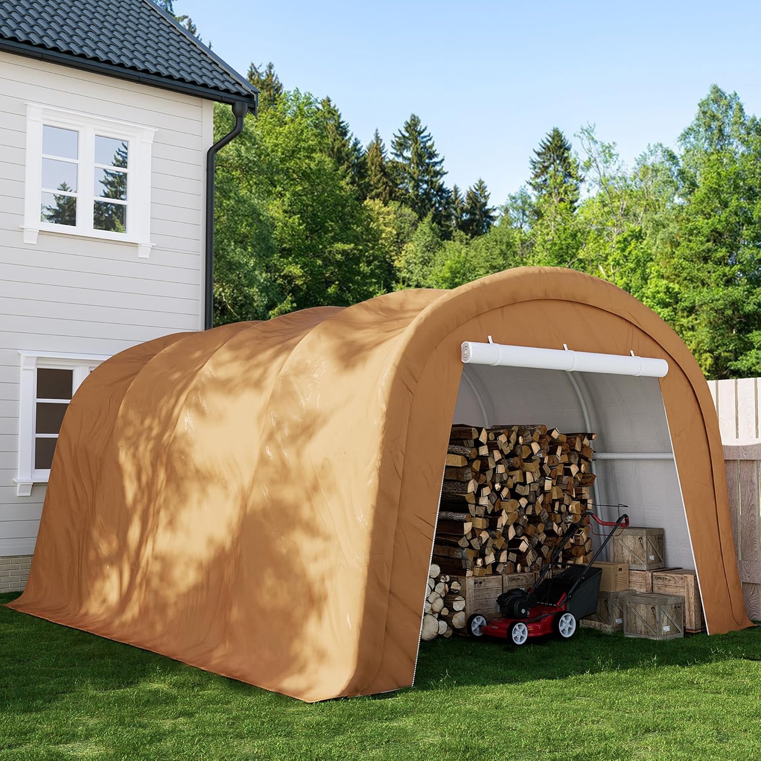 SUNBURY Carport, 10x20 FT Heavy Duty Canopy, Portable Garage with All-Steel Metal Frame & Double Zipper Doors, Round Style Outdoor Storage Shed for Car, Truck, Boat, Patio Furniture, Brown