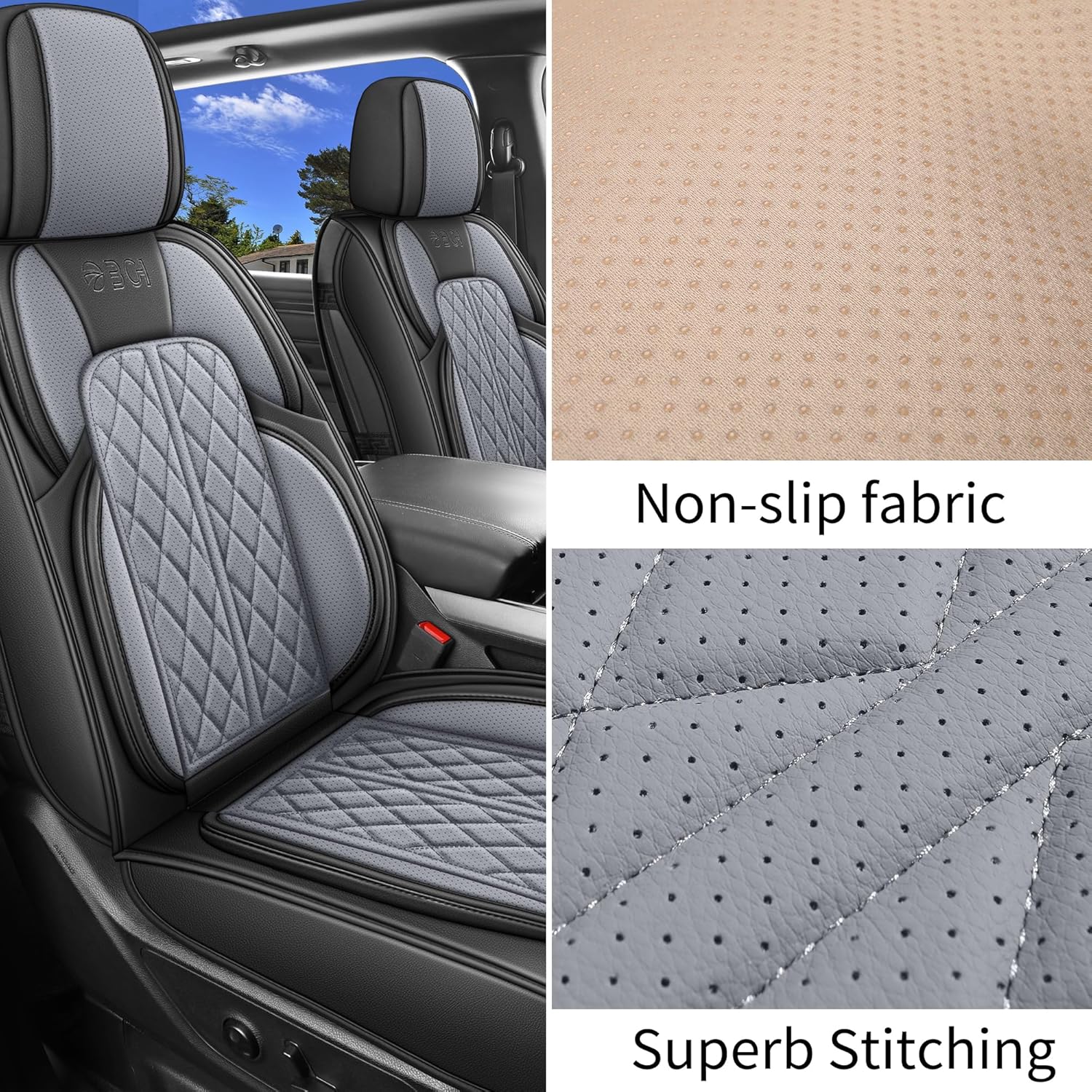 Car Seat Cover Custom Fit for Dodge Ram 1500 2500 3500 2002-2024 Faux Leather Seat Cover Set Compatible with Crew Quad Regular Cab Pickup Truck Cushions (Black & Grey, Full Set, Curved Rear)