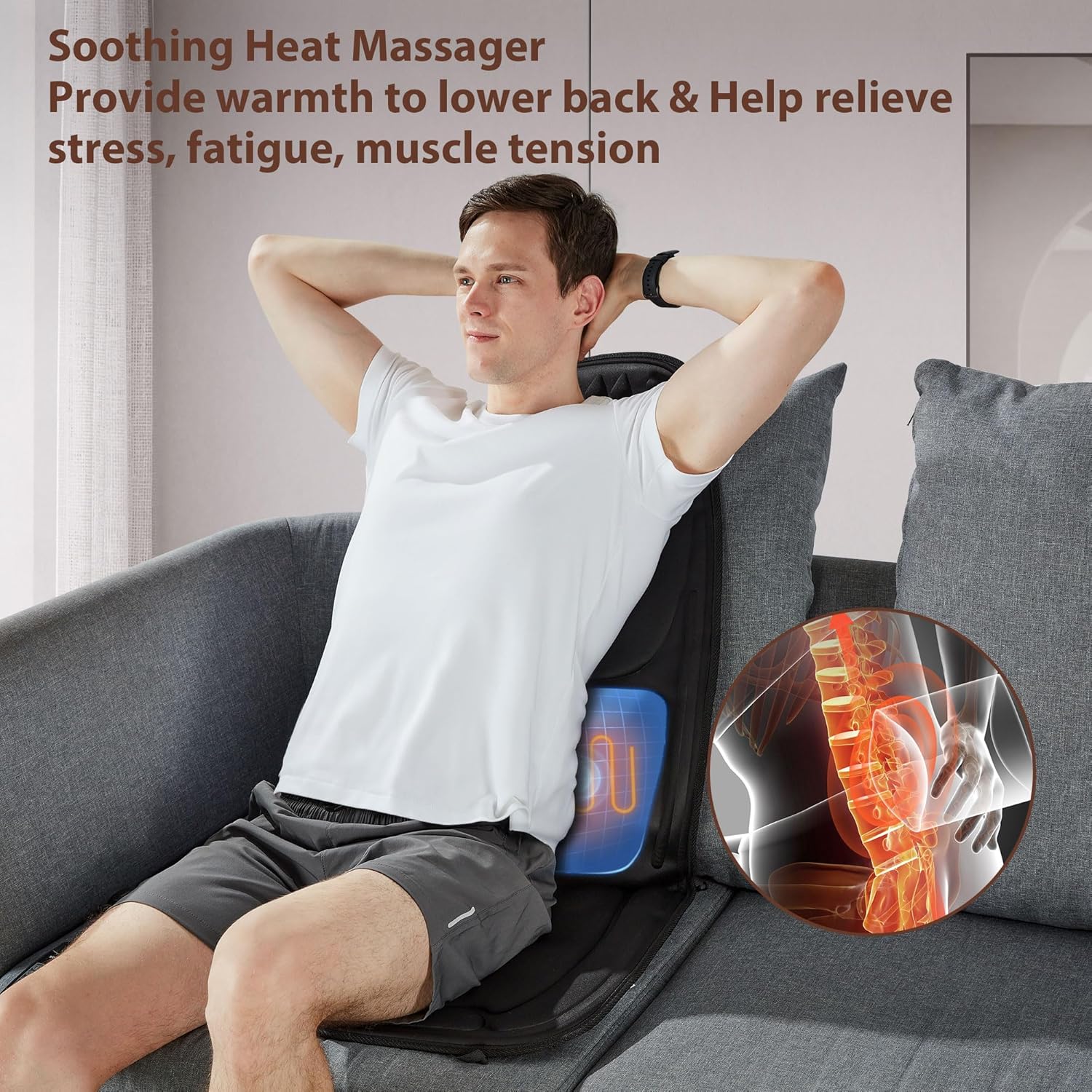 Back Massager with Heat, Massage Seat Cushion with 3D Lumbar Traction, 8 Vibrating Motors Massager Chair Pad for Full Body Pain Relief, and Home Use