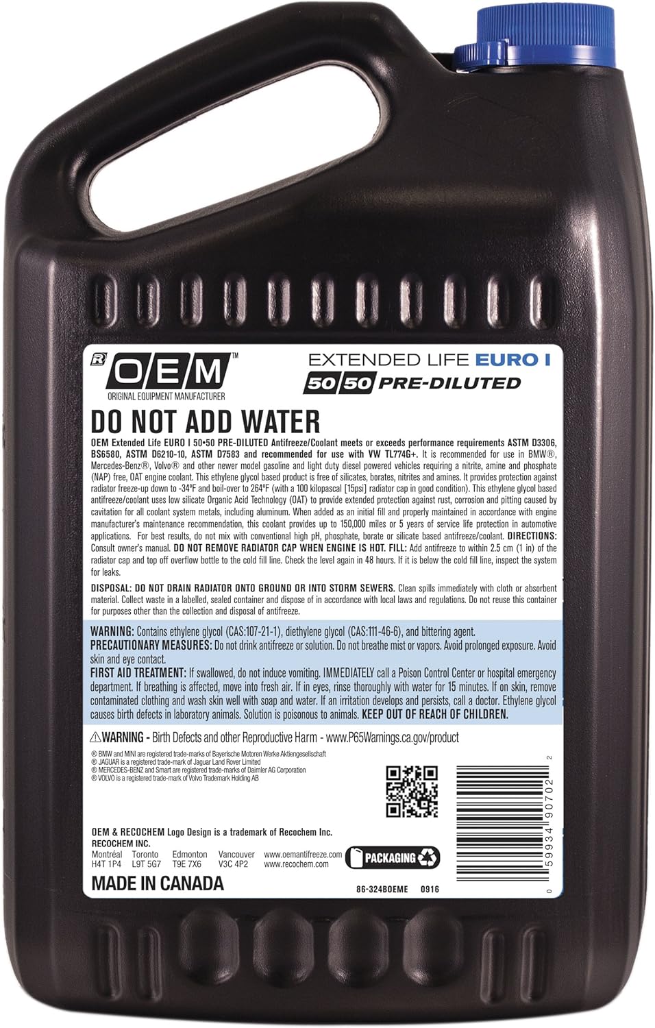 OEM Recochem European Vehicles Premium Antifreeze 50/50 Extended Life Coolant - Euro I Blue 1 Gallon, 1 Pack