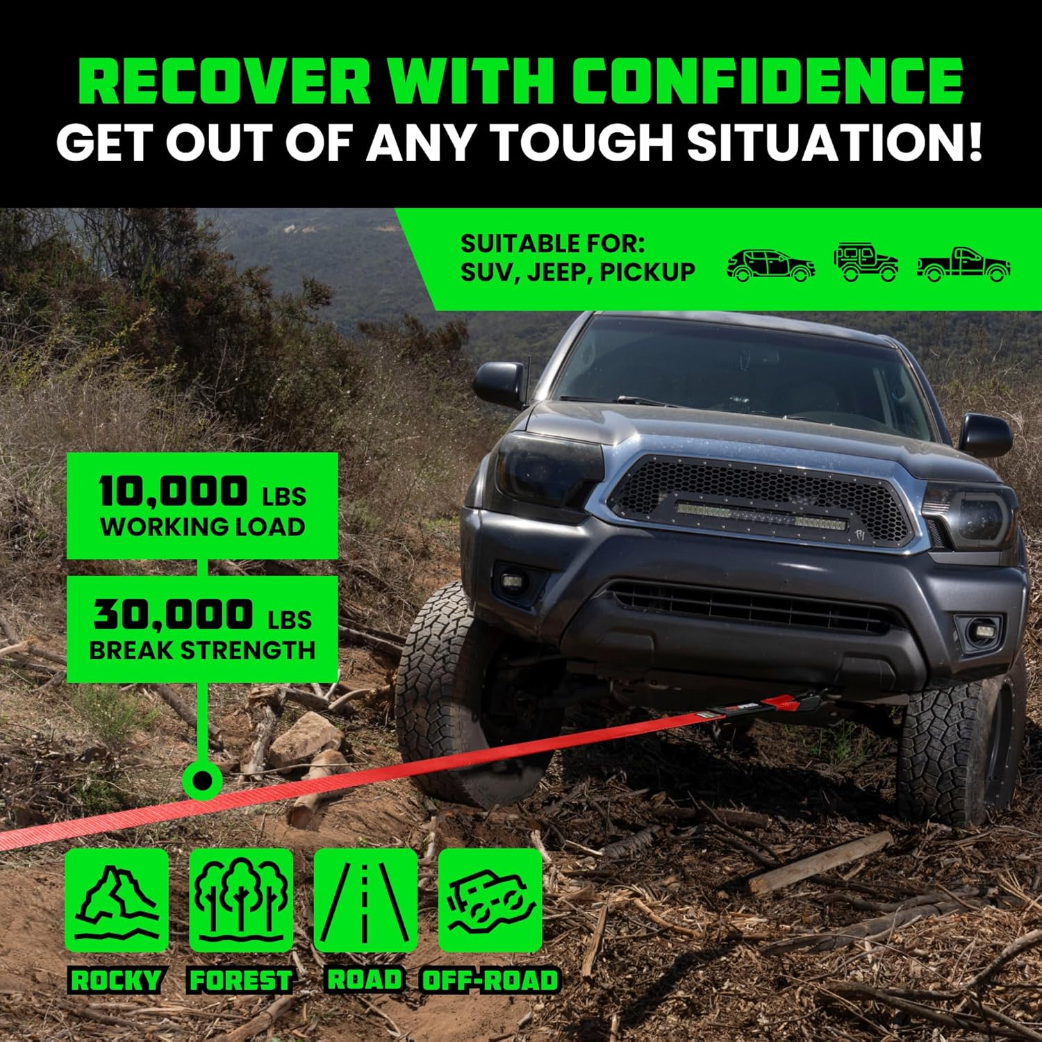 Rhino USA Recovery Tow Strap (3"x20') - 31,518lb Break Strength- Emergency Recovery Strap Tow Rope for Truck, UTV, ATV & More - Heavy Duty Towing Strap for Offroad 4x4 Use - Compatible with Jeep (Red)