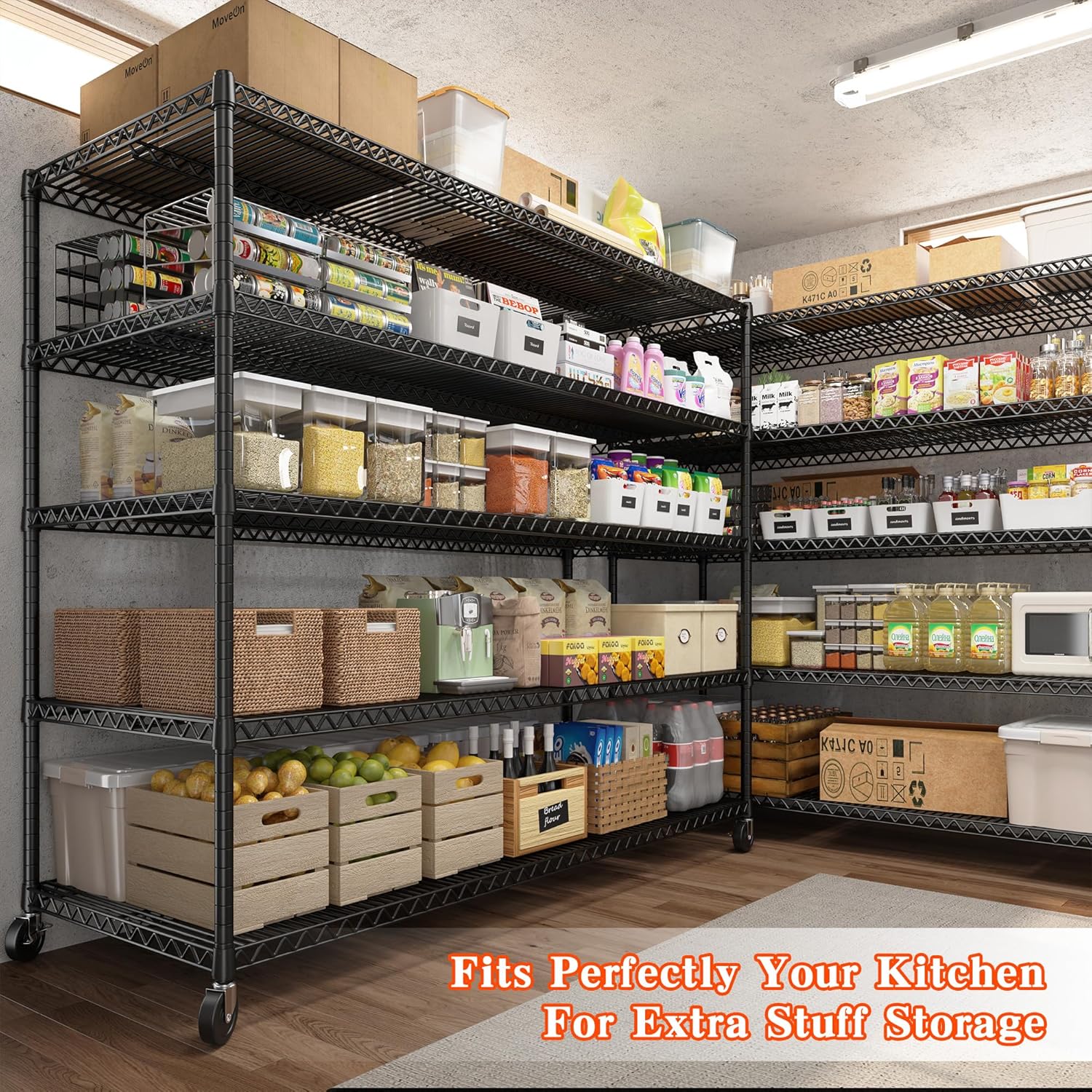 REIBII 73" H Storage Shelves Wire Shelving with Wheels 3200 lbs Heavy Duty Steel Metal Shelving Unit Shelf Rack for Warehouses,Garage, Kitchen, School,Commercial,73" H X 60”W X 18" D
