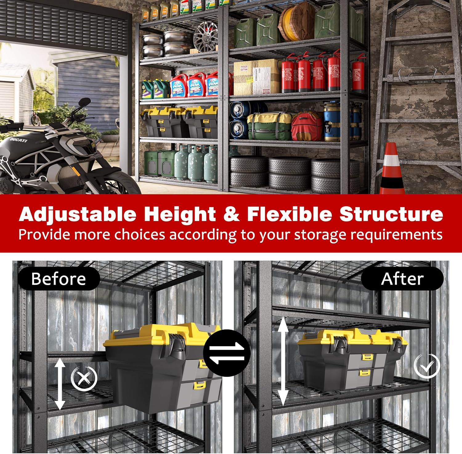 MUPATER 48.43" W x 23.98" D x 72.05" H Metal Storage Shelves, 5 Tier Shelves and Adjustable Shelves, Garage Shelving Unit, Standing Utility Shelf Racks for Garage Warehouse Kitchen
