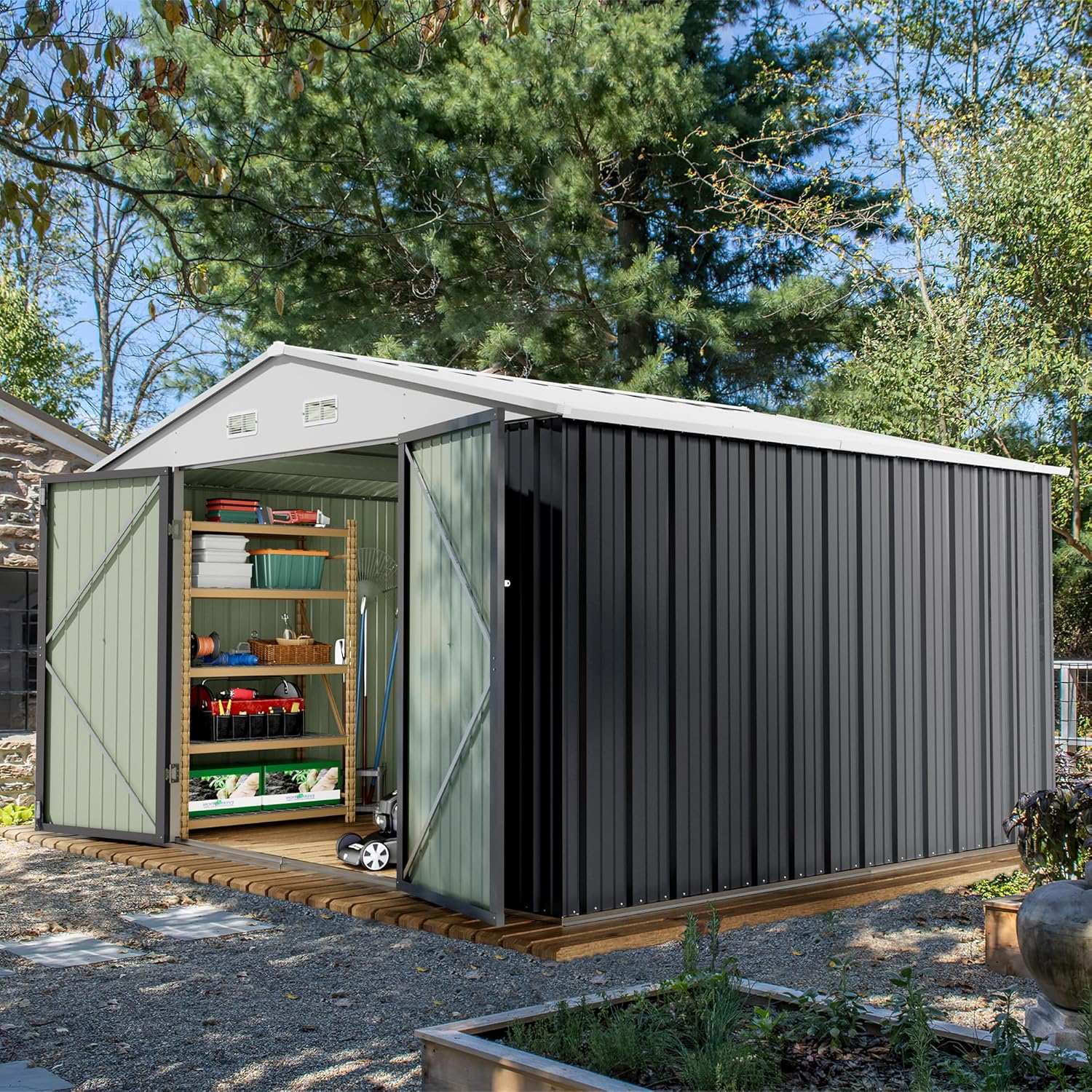 Devoko 10 x 10 FT Outdoor Storage Shed, Metal Garden Sheds & Outdoor Storage Clearance, Large Tool Shed Outdoor with Single Lockable Door for Patio Lawn Backyard (Gray)