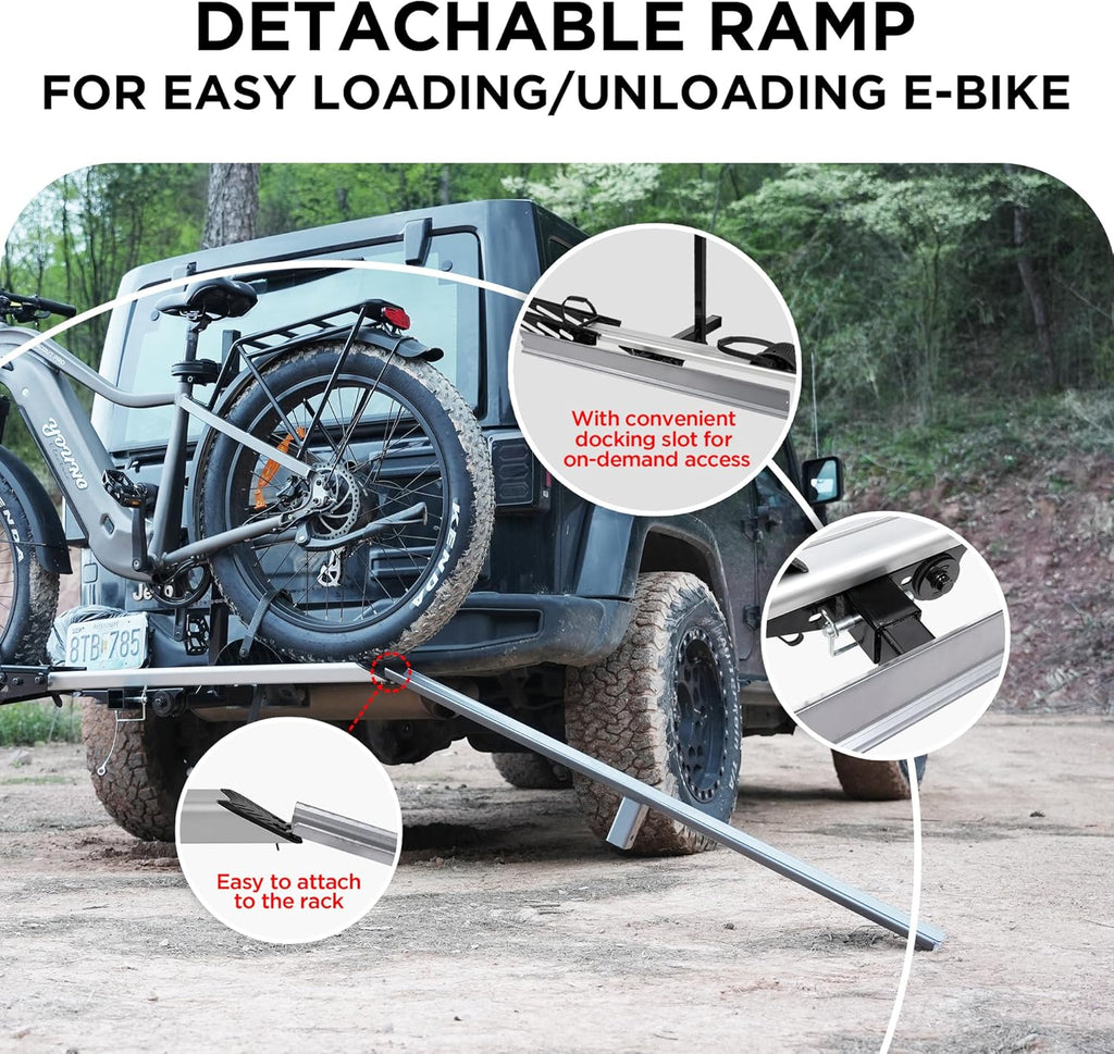 Young Hitch Single 1 Bike Rack with Ramp,100 lbs Capacity E-Bike Carrier Rack for Cars Trucks SUVs Minivans RV, Trailer, Mount Platform Style, Fits Up to 5’’ Fat Tire Bicycle for 2 inch Receiver