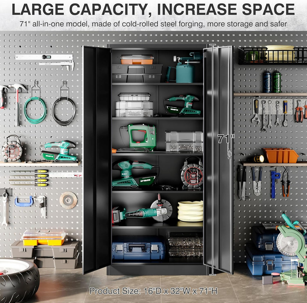SISESOL Metal Storage Cabinet with 2 Doors and 6 Shelves,71" Lockable Garage Storage Cabinet,Black Metal Cabinets with Lock,Locking Steel Cabinets for Home,Office,Garage,Shop,School