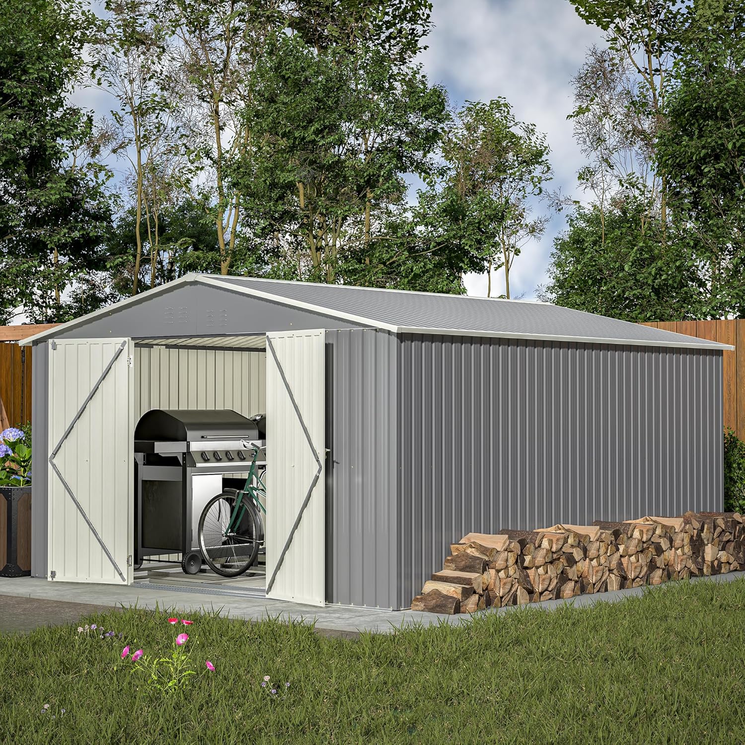 11x13ft Outdoor Metal Storage Shed,Steel Utility Tool Shed Storage House with Double Lockable Doors & Air Vent for Backyard Garden Patio Lawn Gray