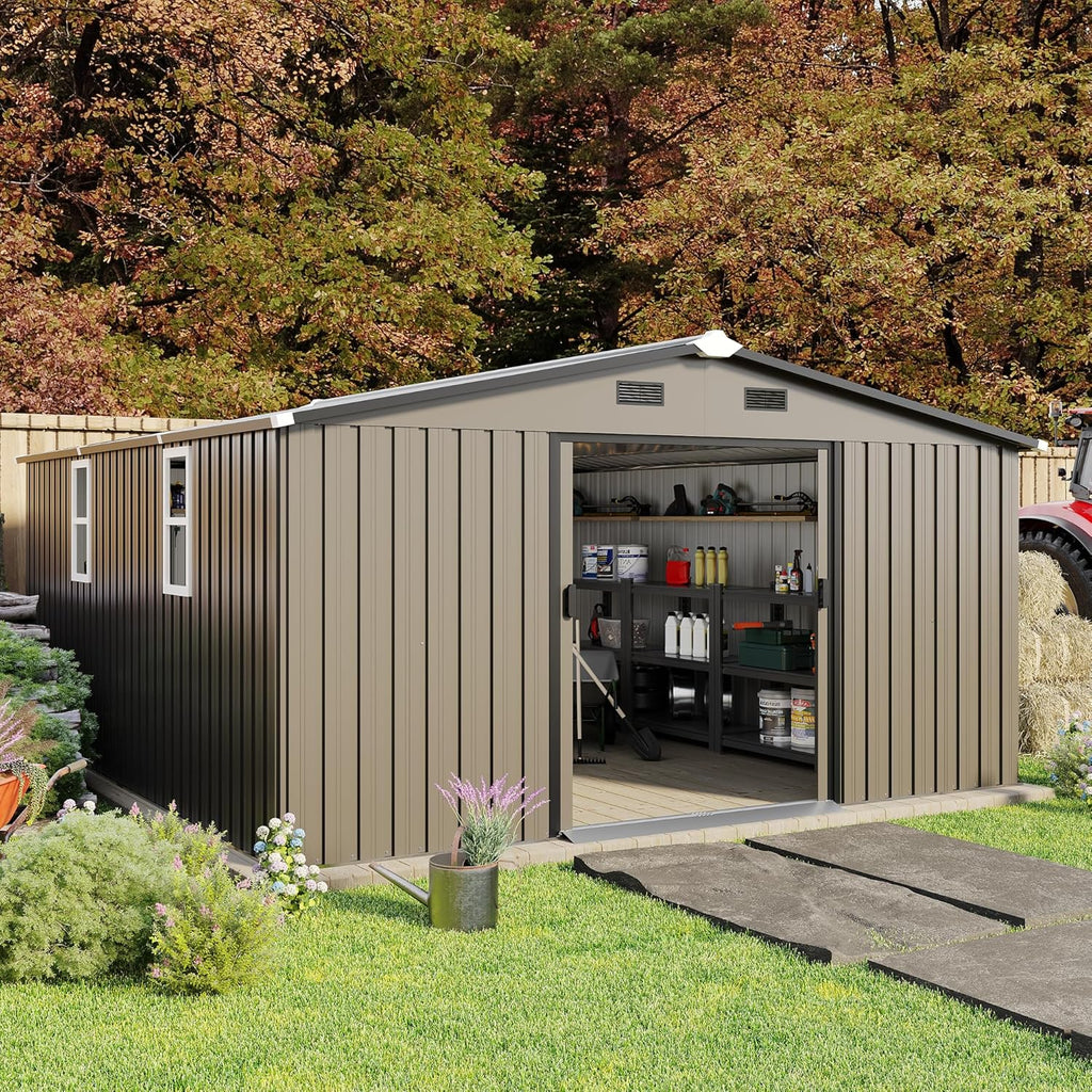 12 x 10 FT Outdoor Storage Shed, Metal Garden Tool Shed with Slooping Roof, Lockable Doors, All-Weather Bike Shed Easy to Assemble for Backyard, Patio, Lawn, Brown