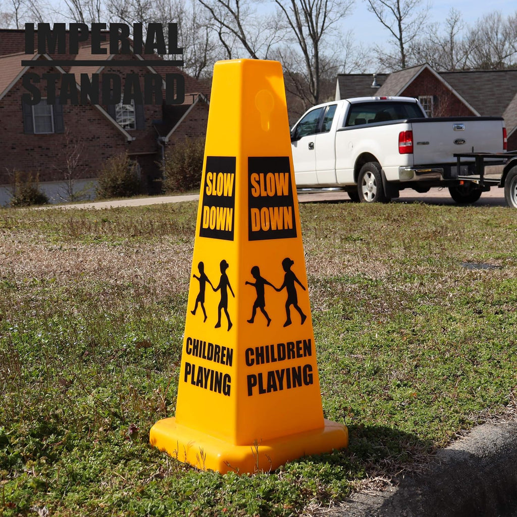 Imperial Standard Children Playing Cone (4 Pack) - Children At Play Sign - Four-Sided Slow Down Kids Cones - Child At Play Signs - Drive Slow/Kid Alert Sign