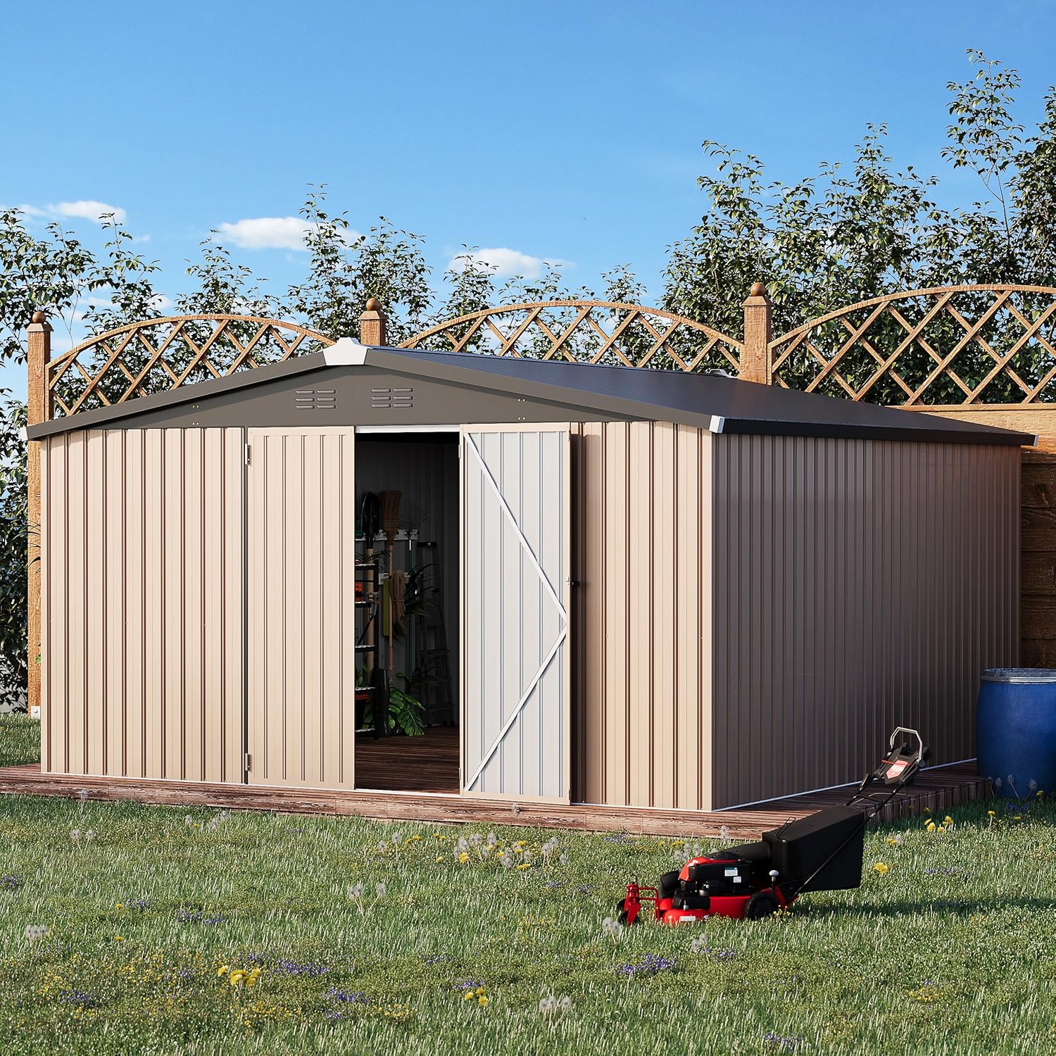 U-MAX 10' x 10' Shed Outdoor Storage Shed Clearance, Metal Garden Large Yard Steel Shed with Design of Lockable Doors, Tool and Utility Storage for Backyard, Garden, Patio, Outside use