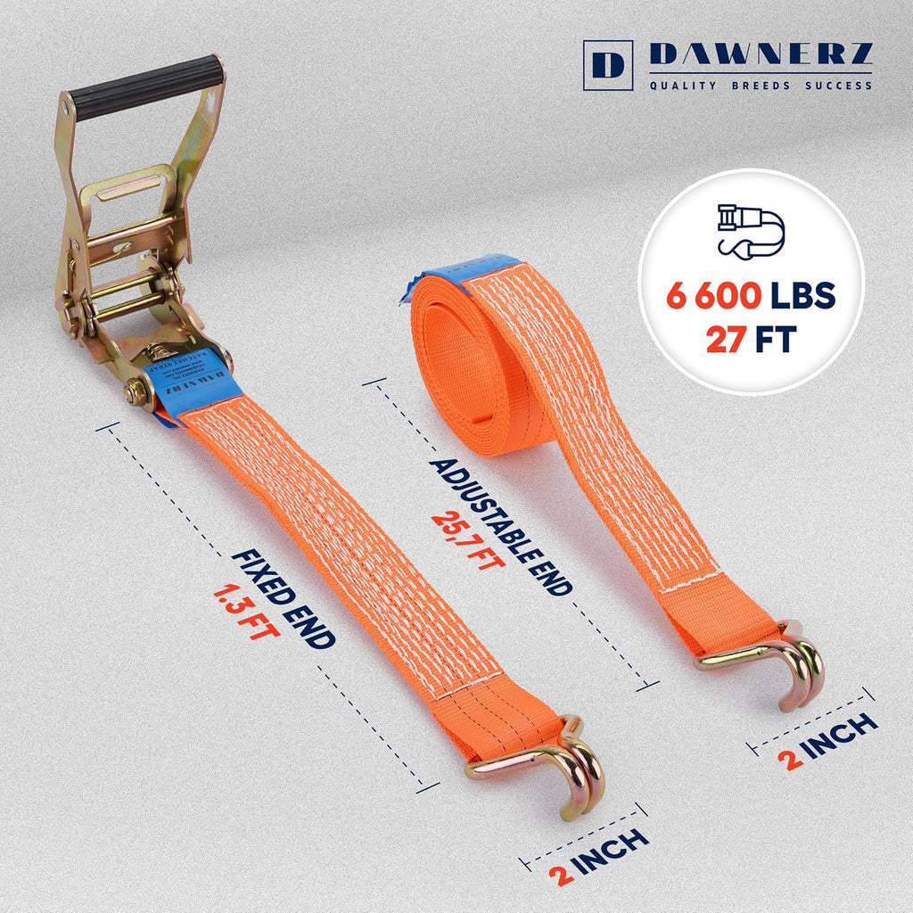Heavy Duty Ratchet Straps 2 inch x 27 ft - 6600 Lb Breaking Strength Tie Downs Ratchet Straps with Double Wire J Hooks for Truck and Trailer