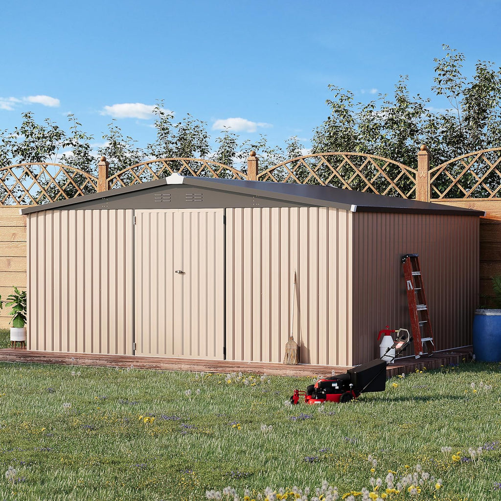 U-MAX 10' x 12' Outdoor Storage Shed Clearance, 10x12 Large Metal Garden Shed Yard Steel Shed with Design of Lockable Doors, Tool and Utility Storage for Backyard, Garden, Patio, Outside use Taupe